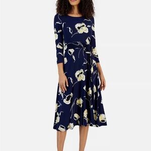 Kasper Women's Plus Size 3X Floral-Print Midi Fit & Flare Dress Navy